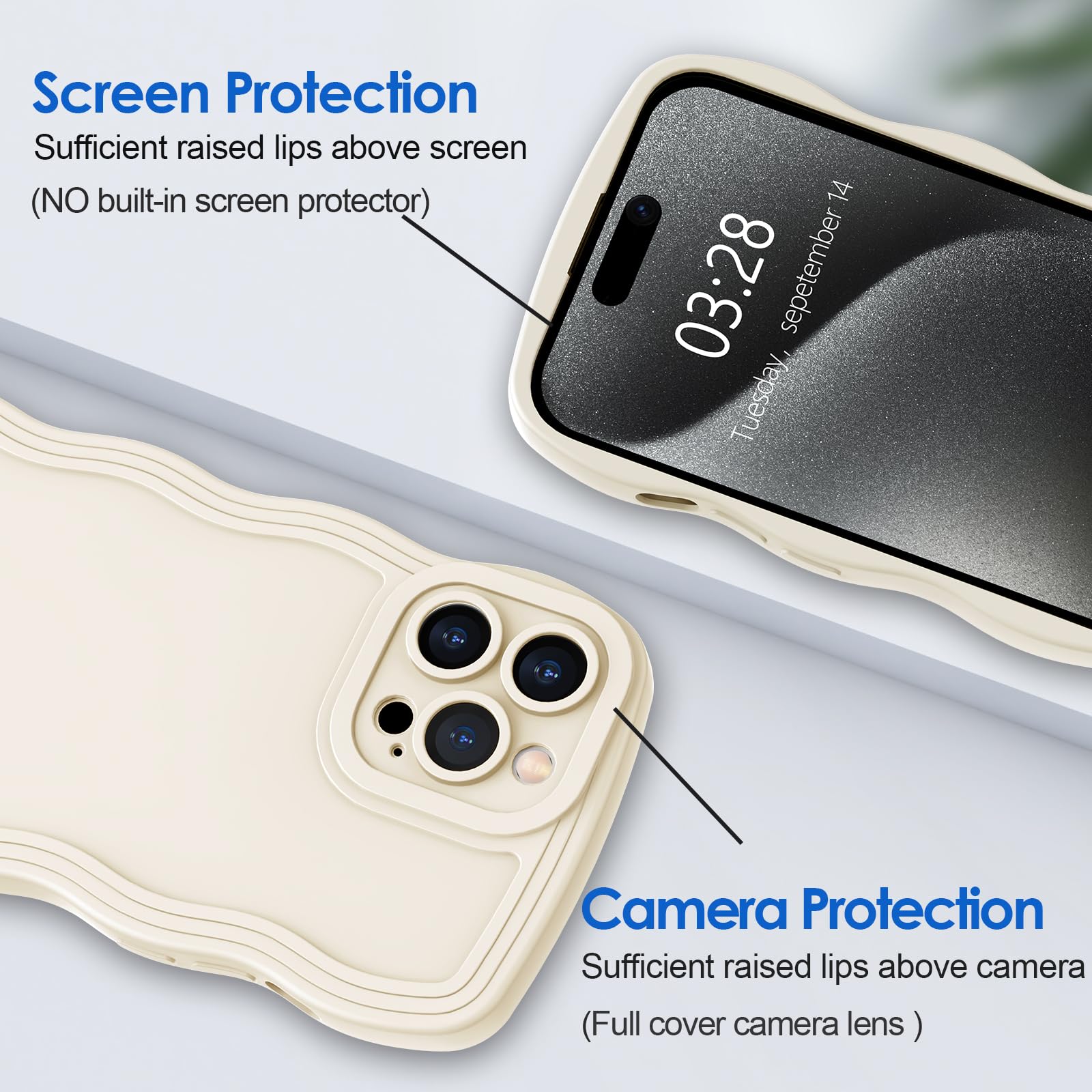 Anuck Case for iPhone 15 Pro Case Wave, Curly Frame Design for Women Girls, Cute Wavy Solid Color Aesthetic Phone Case Soft Flexible TPU Shockproof Full-Body Protective Case Cover 6.1 inch - White