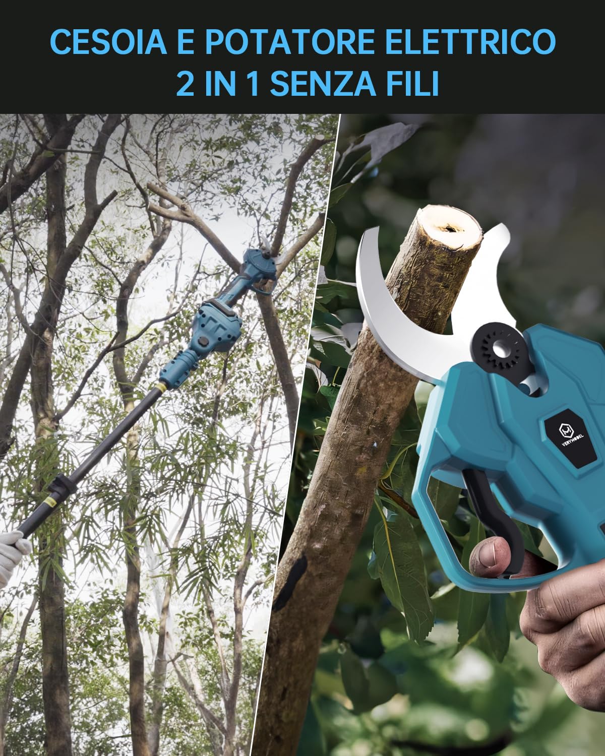 Tijeras de Podar Eléctricas con Pértiga 40mm, 2x4000mAh Tijeras de Podar Telescópico con Baterías y Motor sin Escobillas, Podadora Eléctrica con 2 Hojas para Jardinería, Árboles y Viñedos