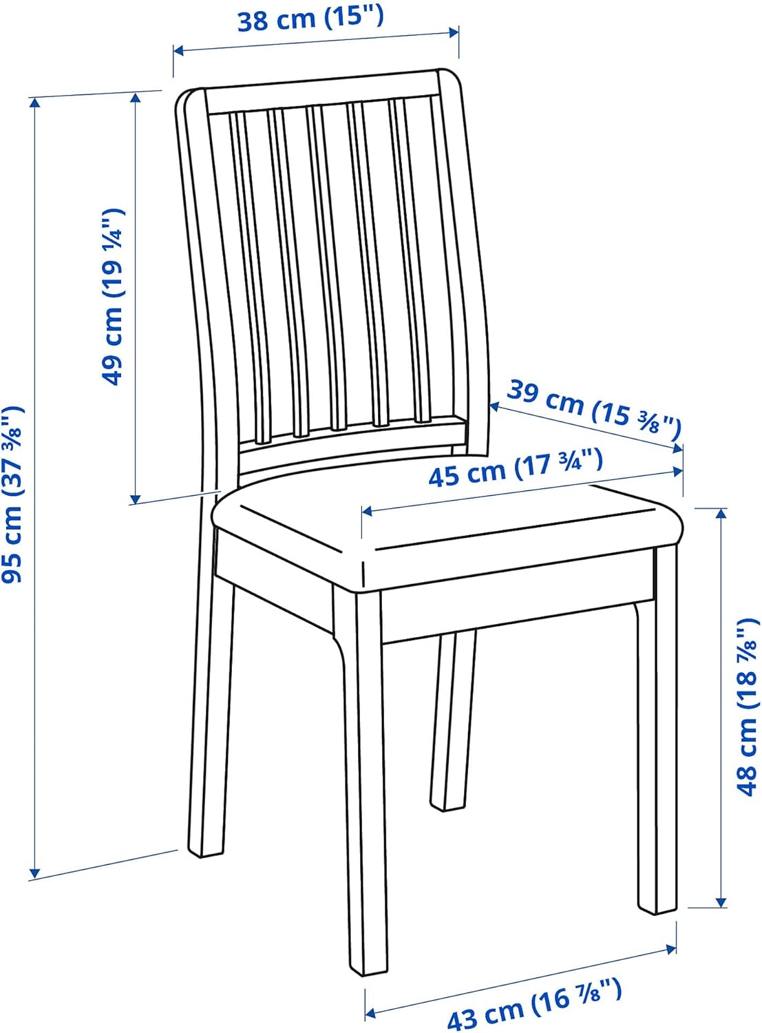 Diagram showing dimensions of the EKEDALEN chair in centimeters and inches