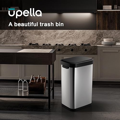Miniatura 2 de Bote de basura de acero inoxidable con sensor sin contacto de 13 galones, diseño rectangular ancho, acabado cepillado, tapa automática para el
