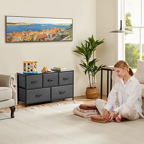 Miniatura 8 de Sweetcrispy Cómoda para dormitorio con 5 cajones, cómoda ancha, cómoda larga de tela, unidad organizadora de almacenamiento para armario,