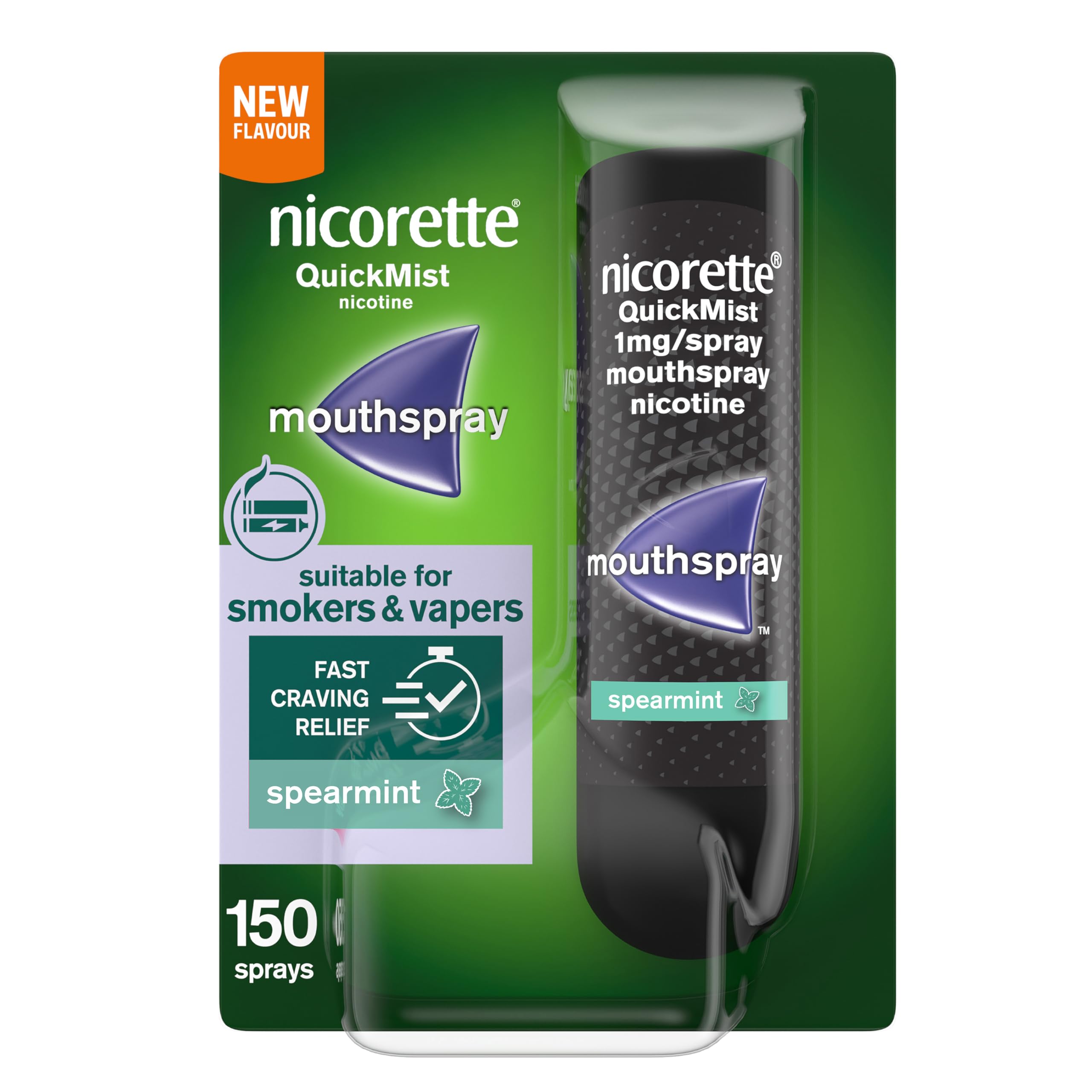 Nicorette QuickMist Mouthspray, New Spearmint Flavour, Quit Smoking or Quit Vaping aid, Starts to Reduce Cravings in 30 Seconds, New mild Mint Flavour (Quit Smoking or Quit Vaping aid)