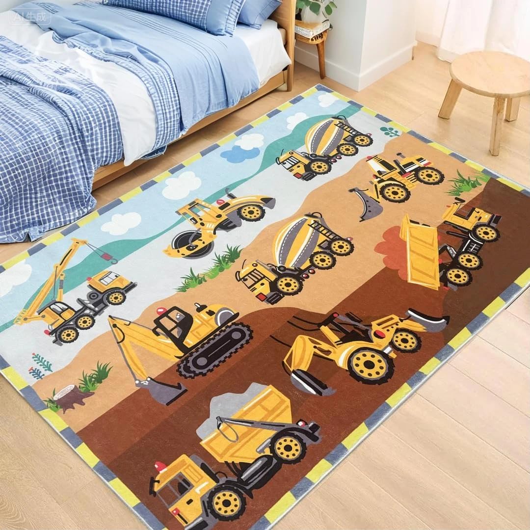 Lacomfy Kids Rug Digger Carpet 3x5Ft - Excavator Truck Play Mat for Boys Girls Bedroom Playroom Nursery Classroom Decor, Construction Zone, Mixer