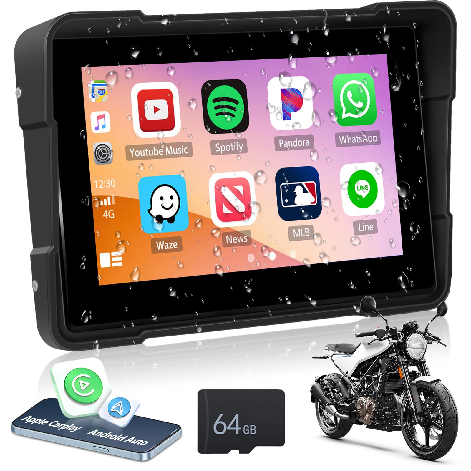 CAMECHO Motorrad Navigationsgeräte 5 Zoll HD-Touchscreen Wasserdicht mit 64G TF Karte mit Navi Wireless Carplay Android Auto Bluetooth FM EQ Musik Leistungsstarker Chip 4 Thema für Alle Motorräder