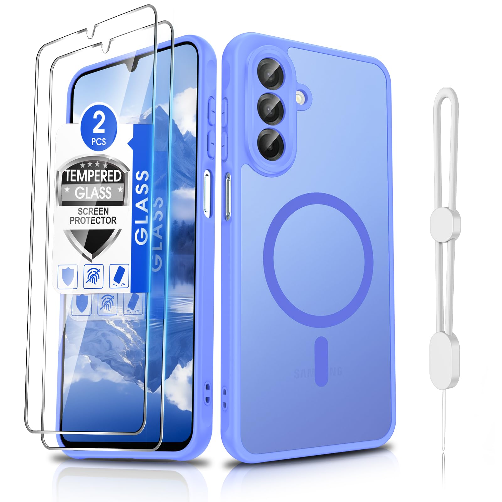 Dizn Magnetic Case for Samsung Galaxy A26 5G Case:with [2 Tempered Glass],Compatible with MagSafe Wireless Charging,Hand Strap,Matte Translucent Shockproof,Phone Cover for Samsung Galaxy A 26,Sky Blue
