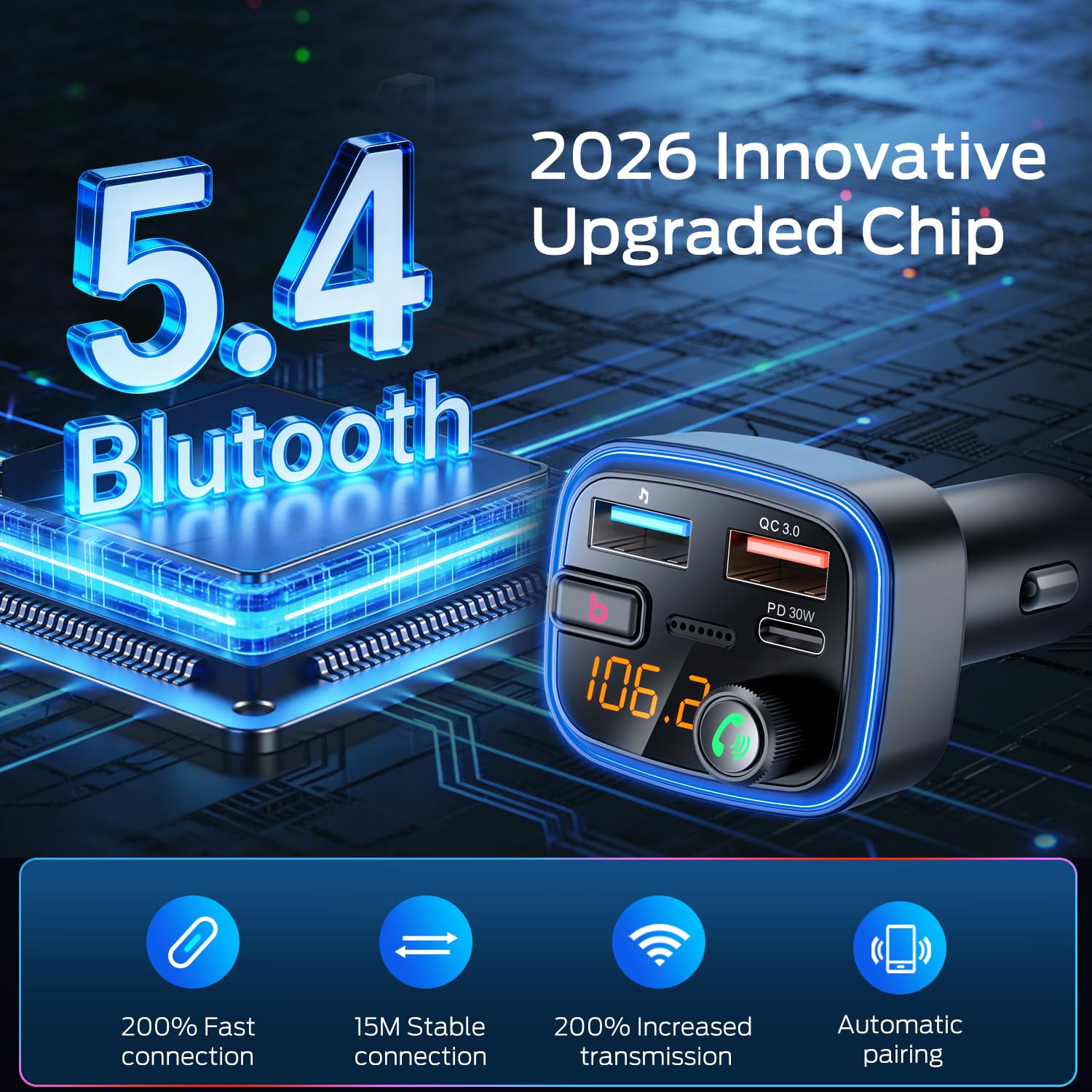 HUNDRUP Adaptateur Bluetooth 5.4 pour voiture, adaptateur USB Bluetooth pour charge, émetteur FM sans fil, radio mains libres et récepteur audio (bleu-48 W)