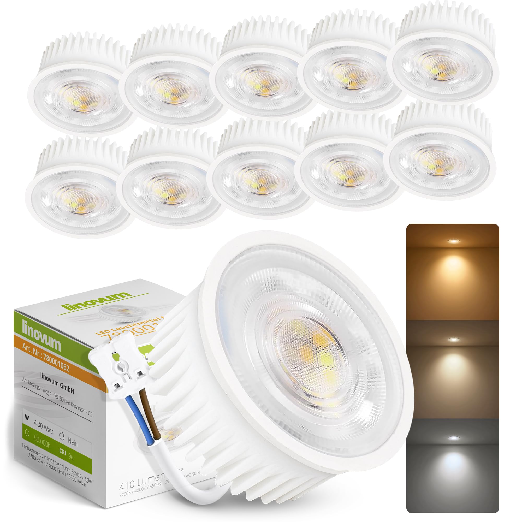 linovum LED Modul lumiFLEX 4W mit einstellbarer Lichtfarbe CCT Warmweiß 2700K Naturalweiß 4000K Kaltweiß 6500K - Ersatz für GU10 / MR16