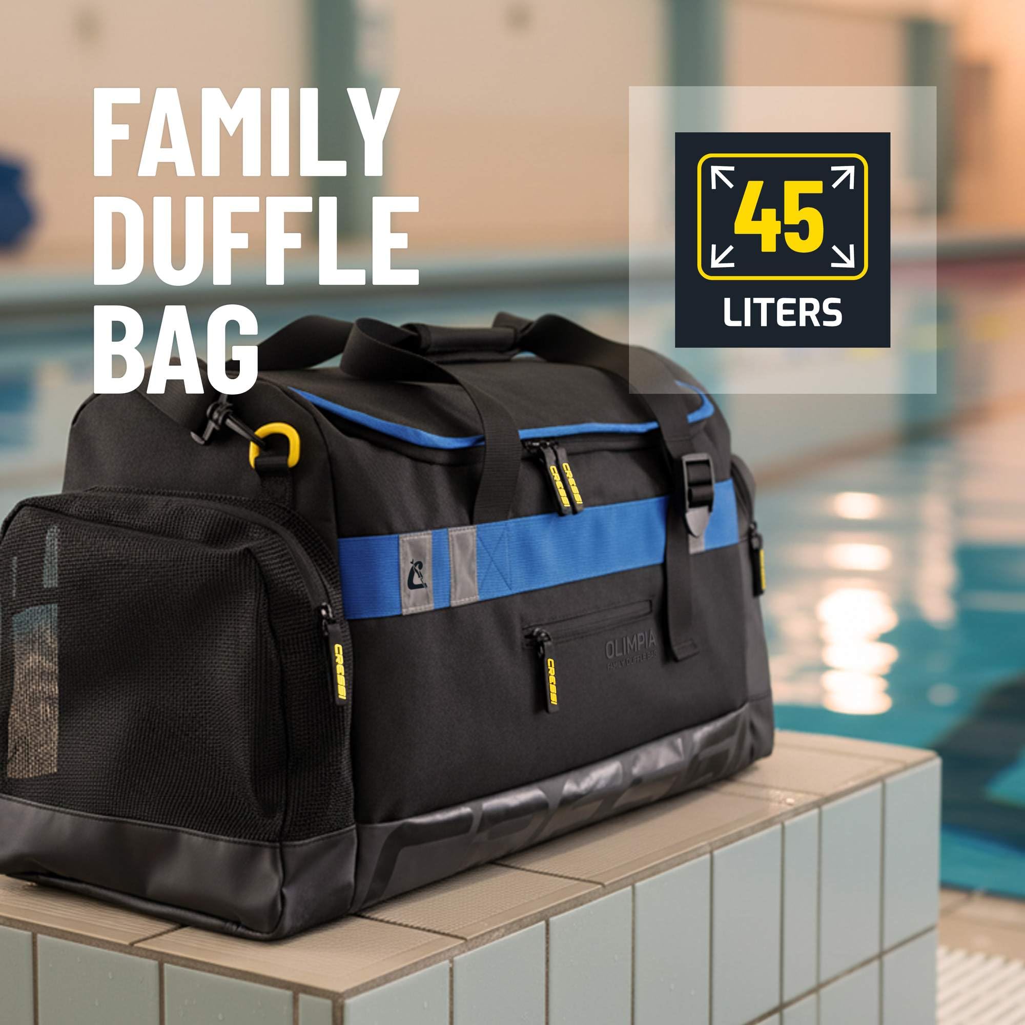 CRESSI dal 1946 - Olimpia Pool Family Duffle - Borsone Tecnico Modulare Sportivo, Ideale per Piscina Uomo e Donna e Attività Acquatiche anche Collettive, Nero/Blu 45 L