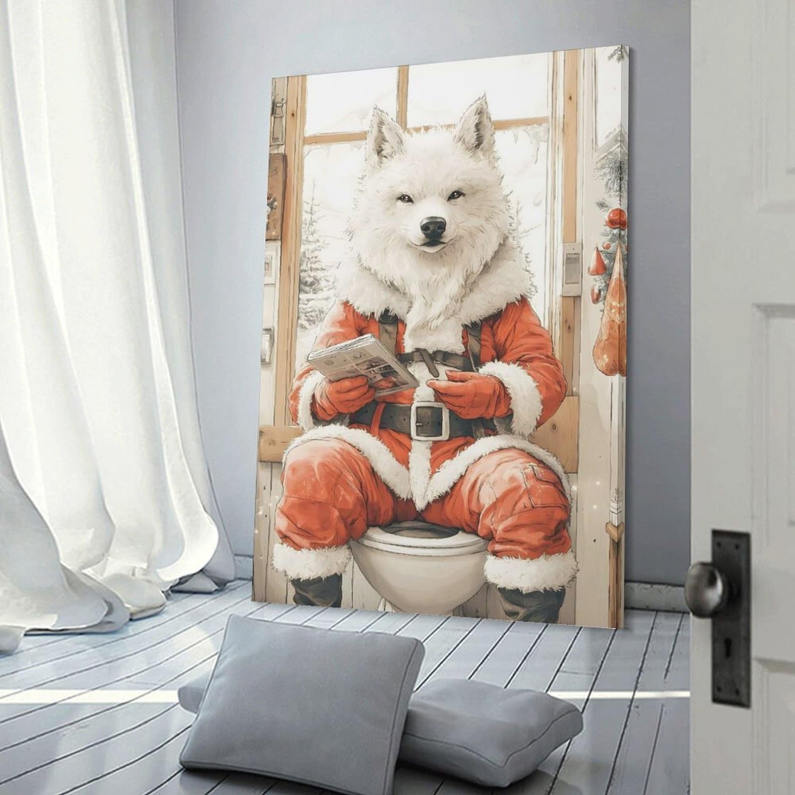 Junmoney Wolf Santa on Toilet Wall Art Print, 12x18inch(30x45cm), for Entryway, Lounge Links Or Small Walls, Decorative Wall Art for Narrow Spaces
