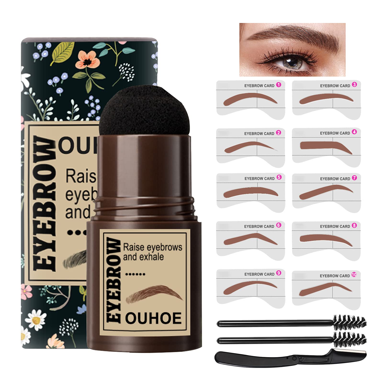 Eyebrow Stamp Stencil Kit, One Step Brow Stamp Shaping Kit for Perfect Brows, Eyebrow Stamp Kit With 10 Reusable Eyebrow Stencils, Waterproof, Long Lasting (Dark Brown)