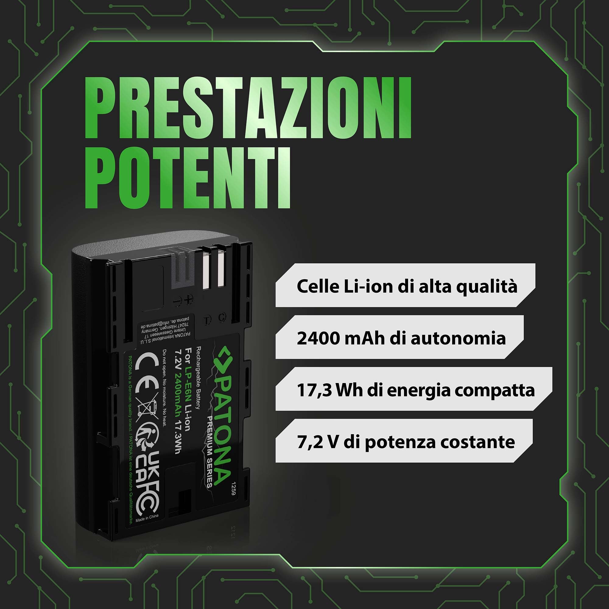 PATONA Premium Batteria LP-E6N 2400mAh – ricambio per Canon LP-E6N LP-E6 – compatibile con EOS R R5 R6 5D Mark II/III/IV 5DS 6D 7D 60D–90D XC10 XC15 – la scelta conveniente