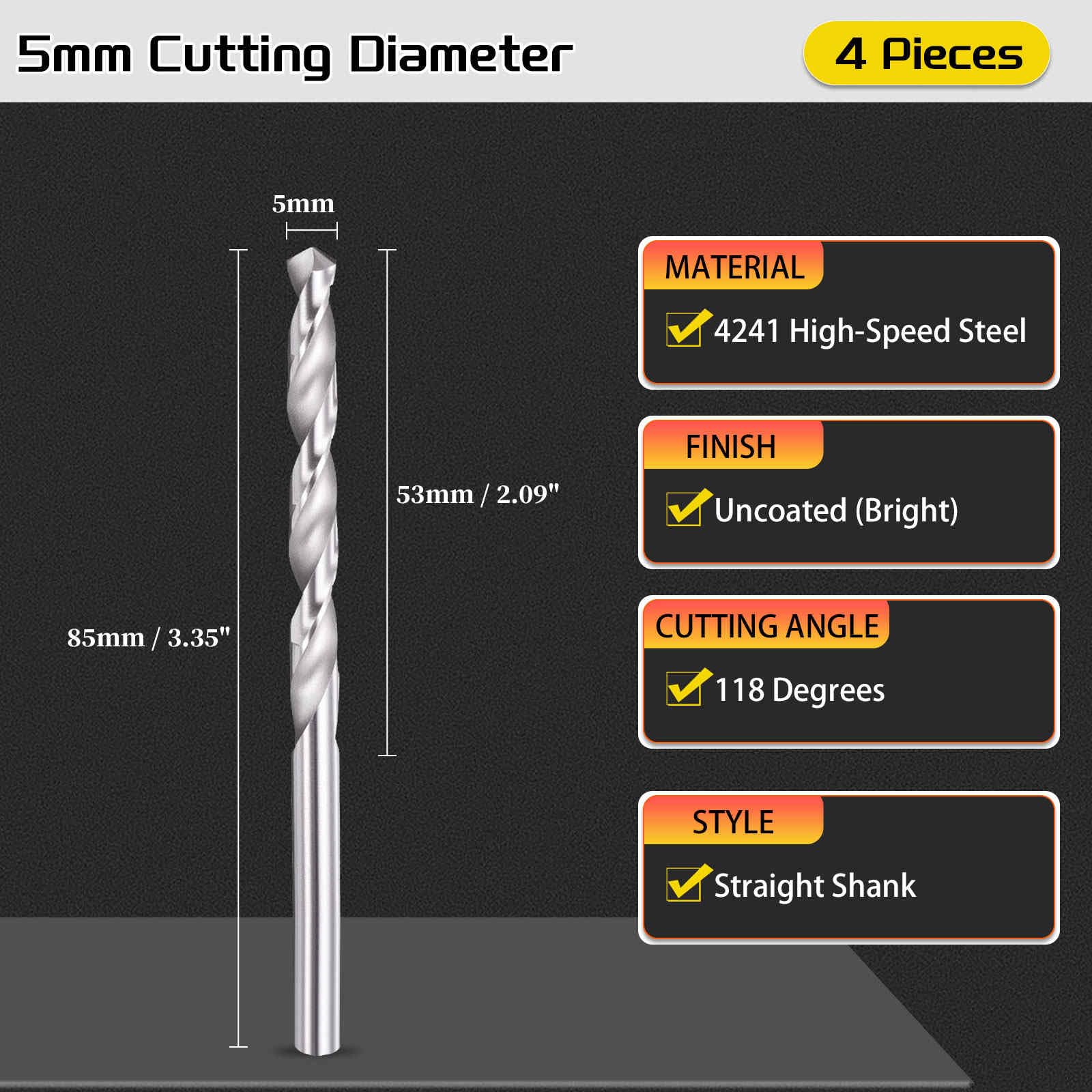 CoCud Drill Bit, 5mm Cutting Diameter, 4241 HSS 118° Cutting Angle Uncoated Bright Versatile Jobber Bits - Image 2
