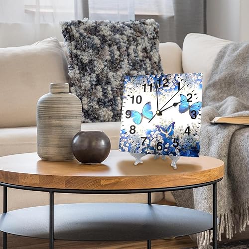 Miniatura 5 de Reloj de pared cuadrado retro de mariposa azul y flores blancas de 8 pulgadas, funciona con pilas, reloj de pared silencioso de cuarzo para cocina,
