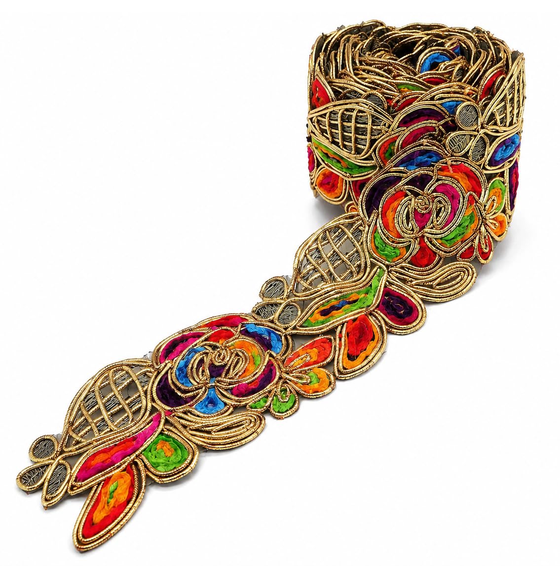 Cinta bordada de flores de 8 cm de ancho, cinta jacquard vintage, bordado étnico, ribete de encaje multicolor, flores doradas, cinta de encaje para coser, ribetes tejidos para costura, 10