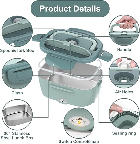 Miniatura 5 de Fiambrera eléctrica de 80 W, 3 en 1, lonchera calentada ultrarrápida para adultos, 12 V24 V110 V, calentador de alimentos portátil para