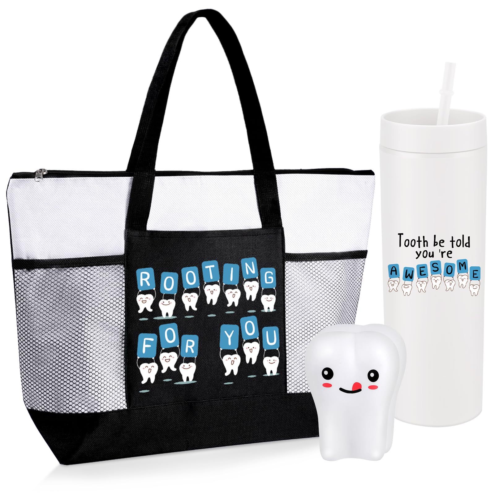 Dansydaisy 3 Pcs Dental Hygienist Gifts for Women Men Dental Assistant Gifts Inspirational Dentist Tote 16 oz Dentist Tumbler Teeth Stress Toy for