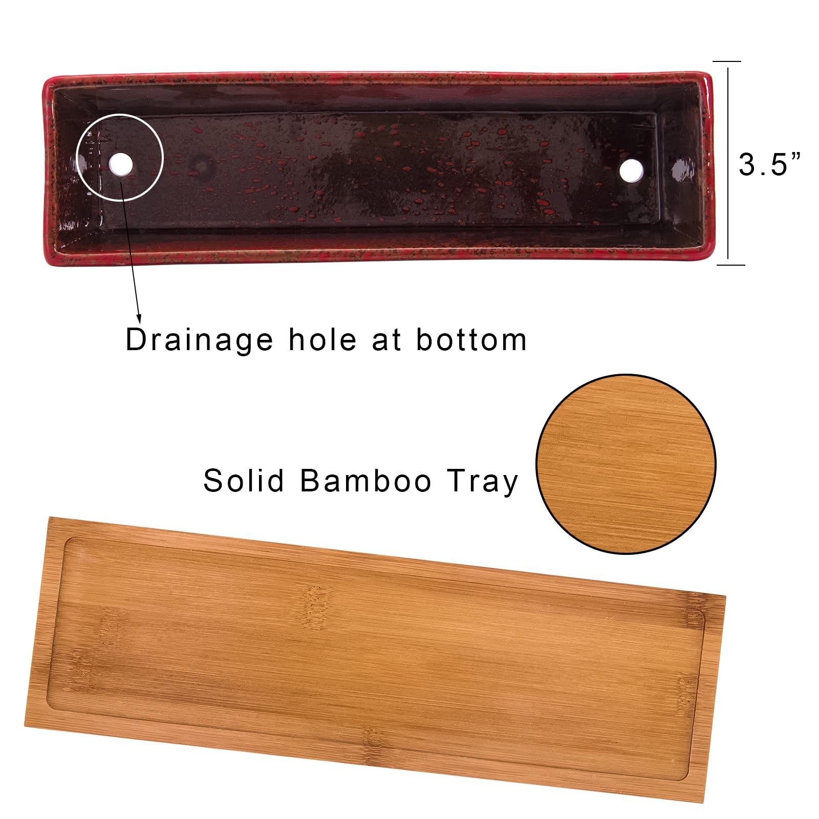 ARTKETTY Succulent Pots - Large Succulent Planter Pots with Drainage, 12 Inch Long Rectangle Bonsai Pot with Bamboo Tray Shallow Ceramic Cactus Flower Planter Window Box for Home Garden Decor (Red)