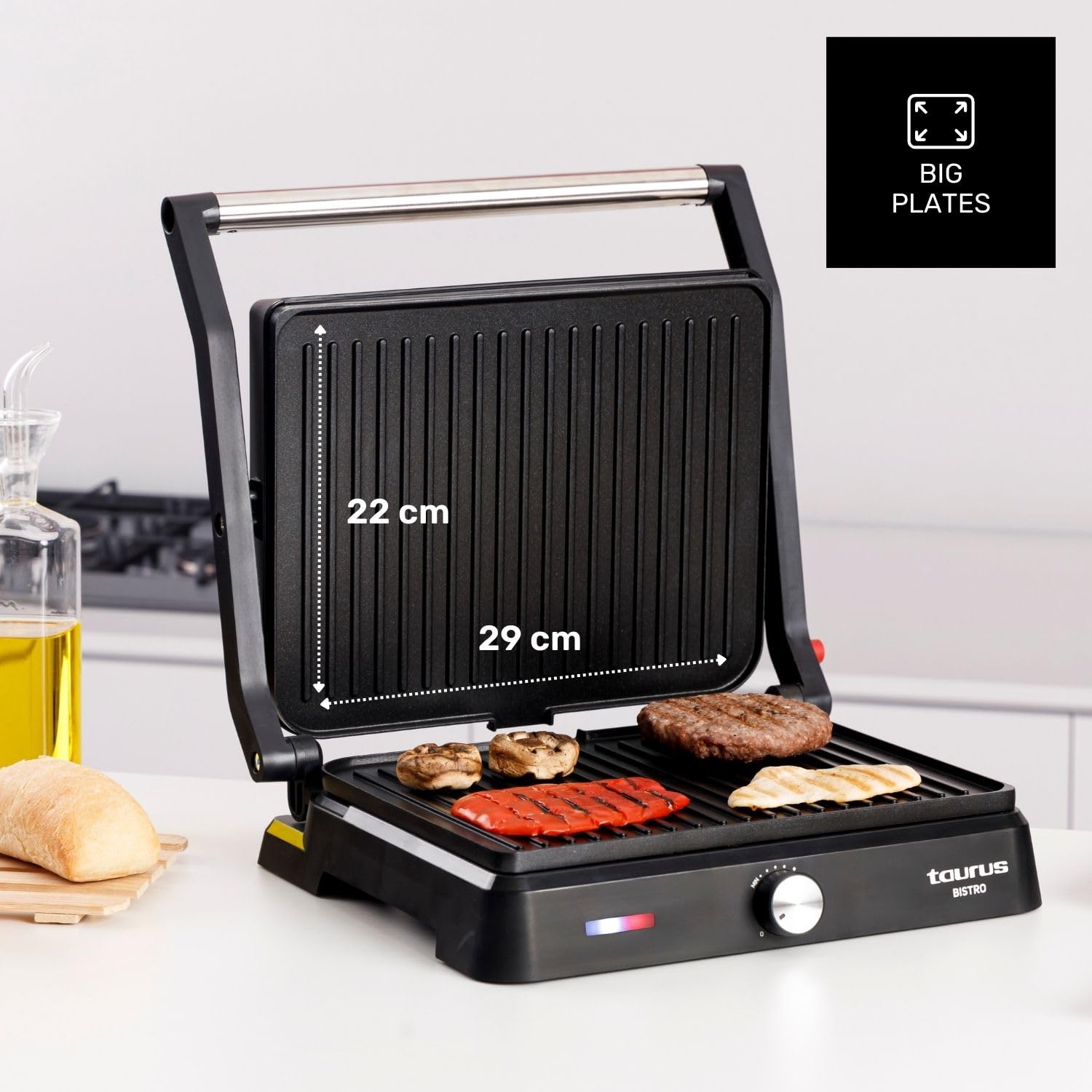 Taurus - Grill Bistro 2600W | 2 en 1: Grill y Plancha | Placas de 29x23 cm | Placa Basculante y Apertura 180º | Revestimiento Antiadherente sin PFOA | Bandeja Recogegrasas | Termostato Regulable