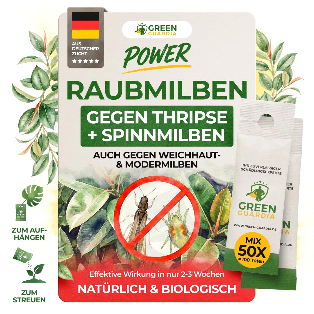 GREEN GUARDIA Power Raubmilben Mix gegen Thripse & Spinnmilben– 50 Mix mit 100 Tüten-Biologisches Mittel zur effektiven Thripse Bekämpfung–Umweltfreundlich, chemiefreie Mittel,einfache Anwendung