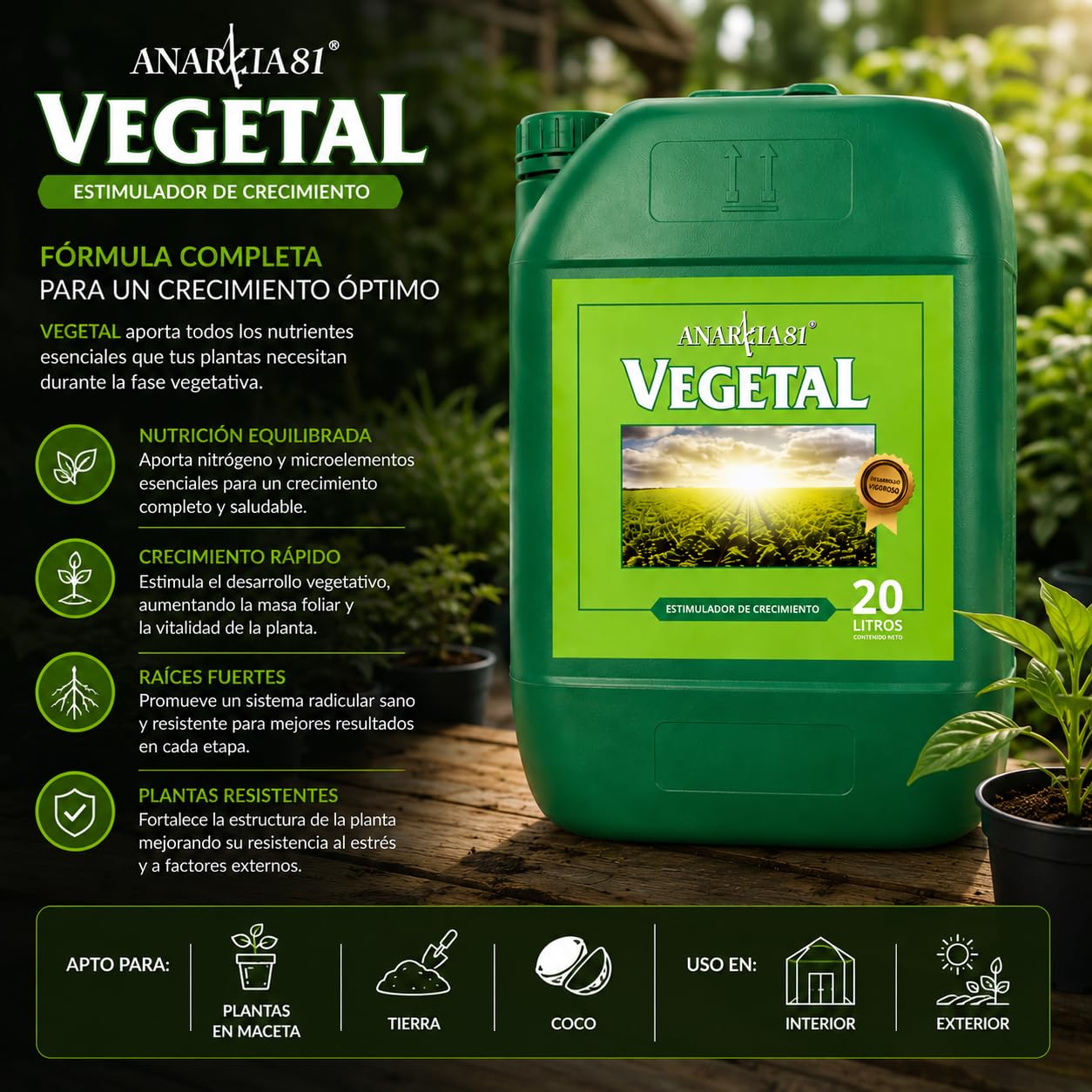 VEGETAL 20 L – Fertilizante de Crecimiento para Plantas Abono Base Completo para Desarrollo Vegetativo Vigoroso Follaje Verde Intenso Cultivo Interior y Exterior - Anarkia81