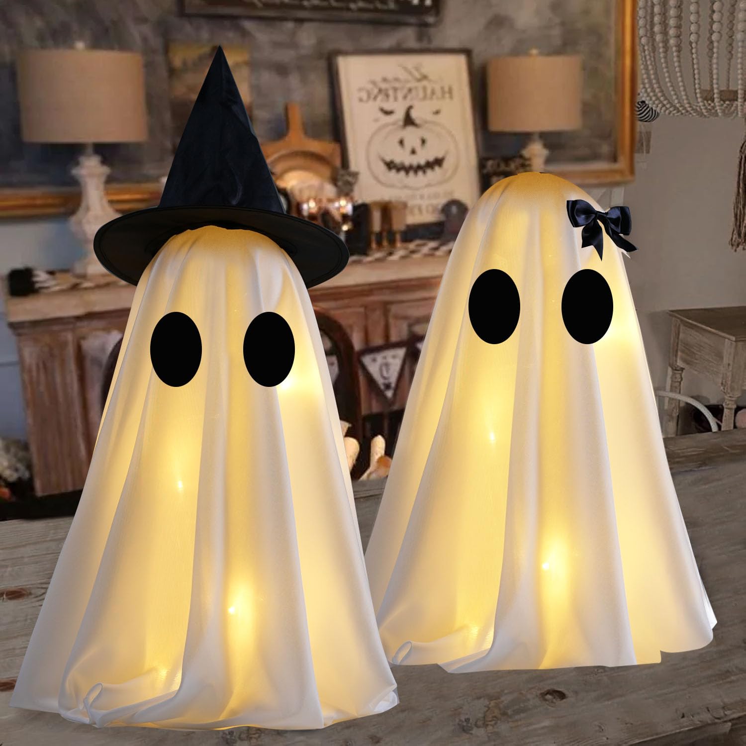 Halloween Ghost Decorations, 2 Pack Battery Powered Specter with Witch Hat & Bow, LED Light Up Indoor Table Shelf Decor with Timer