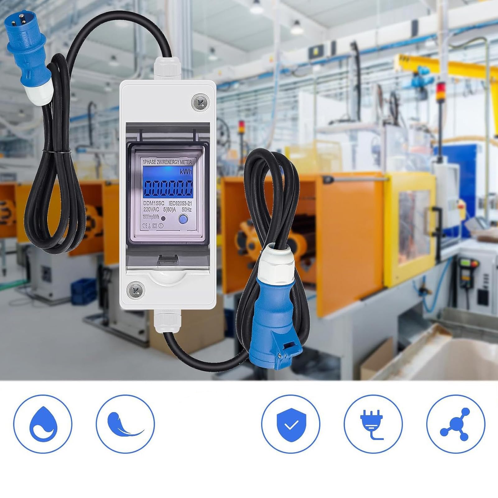 Hyuduo Contatore di Energia Intelligente, in Gomma, Rame, Ignifugo, Monitor di Ricarica per PC, da 220 A 250 V CA, 16 A, 3 Pin, Monofase, 2 Fili, per Ricarica Veicoli Elettrici, Garage, Officina, Uso
