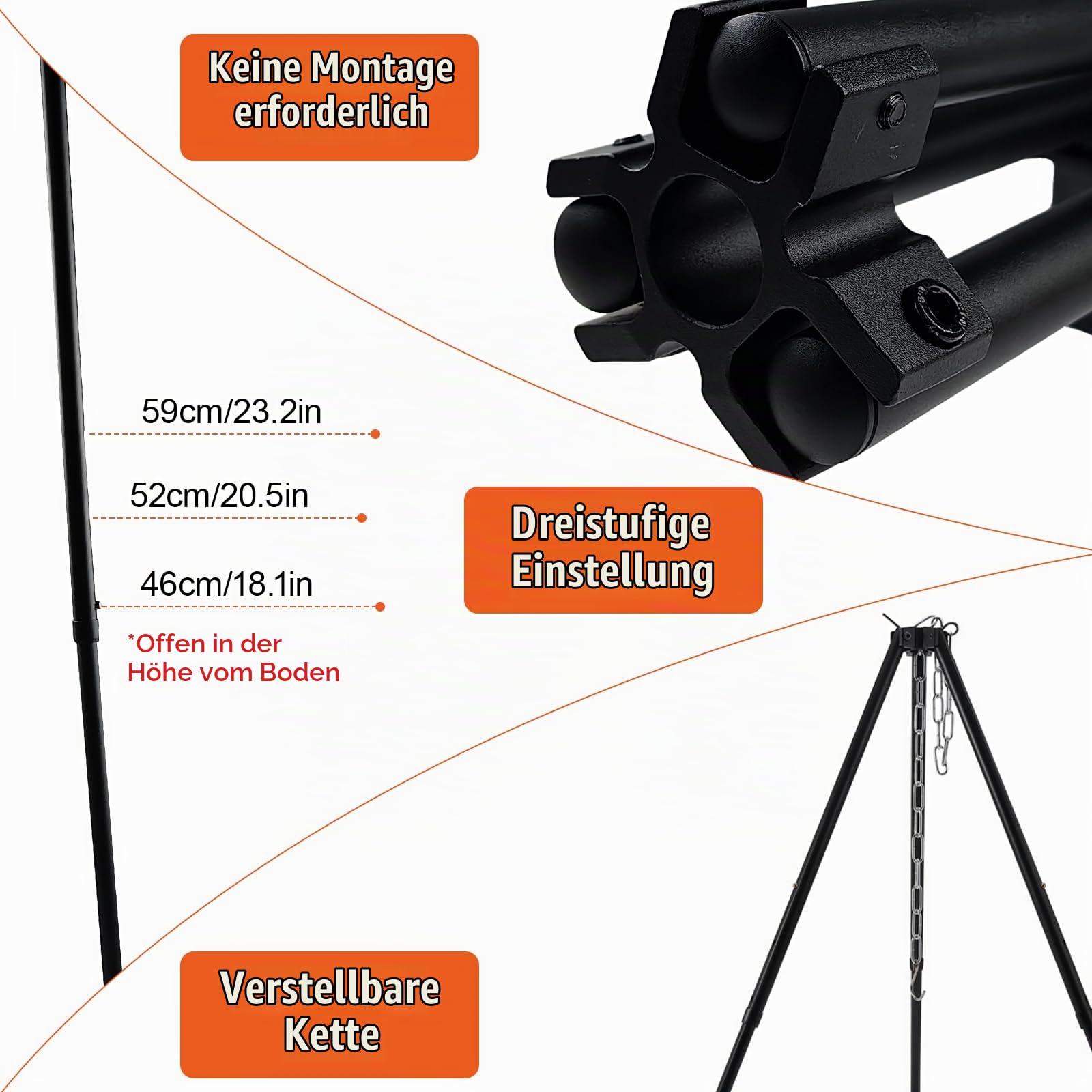 110CM Camping Stativ Lagerfeuer Kochen Stativ Outdoor Grillrost Stand Halterung Hängekette Verstellbar BBQ Dreibein im Freien(Silber)