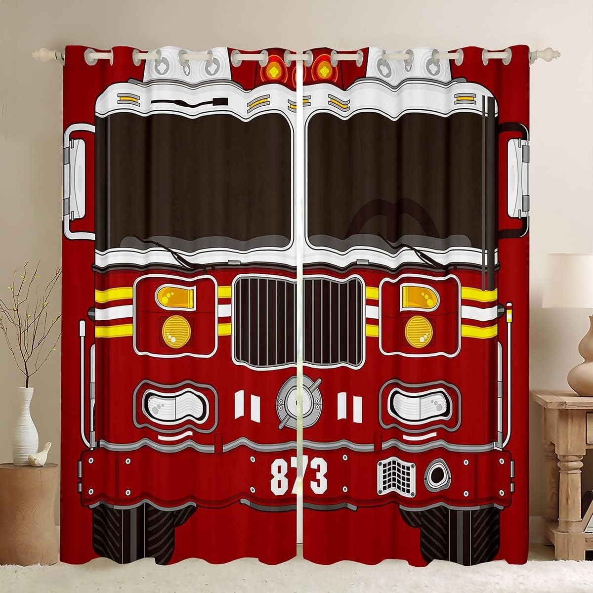 Homewish Fire Truck Print Curtains for Kids Adults Bedroom - Black Red Firemen Car Vehicle Blackout Drapes, Cartoon Firefighter Engine Window Curtains 46" W x 54" L — image 1