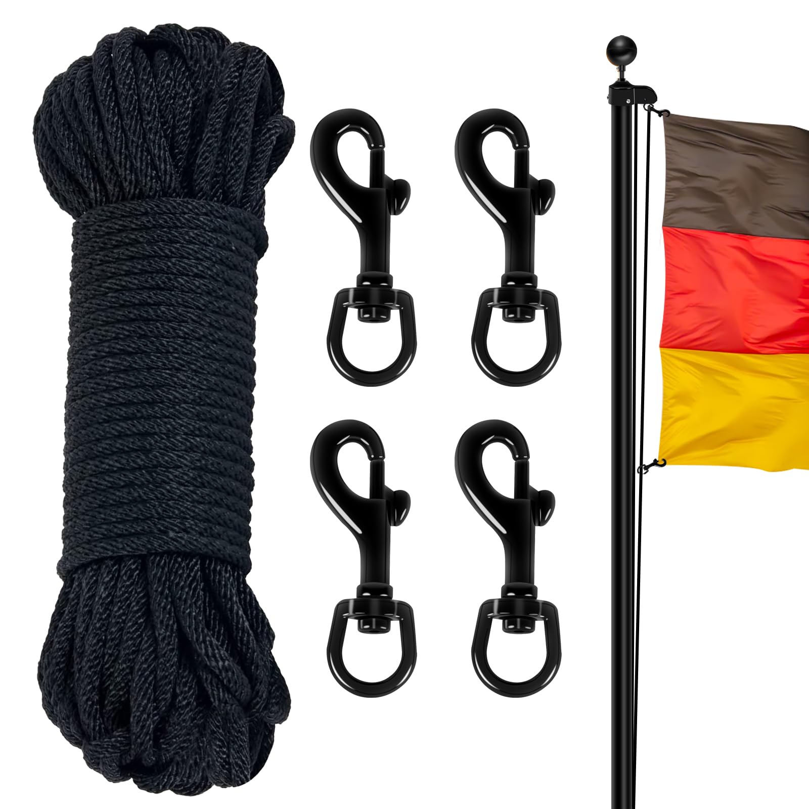 NQ 15M Fahnenmast Seil Wetterfest mit 4 Karabinerhaken, Nylon Flaggenseil für Haus Außenbereich, Fahnenmast Zubehör mit 4 Haken Flag Rope (Schwarz)