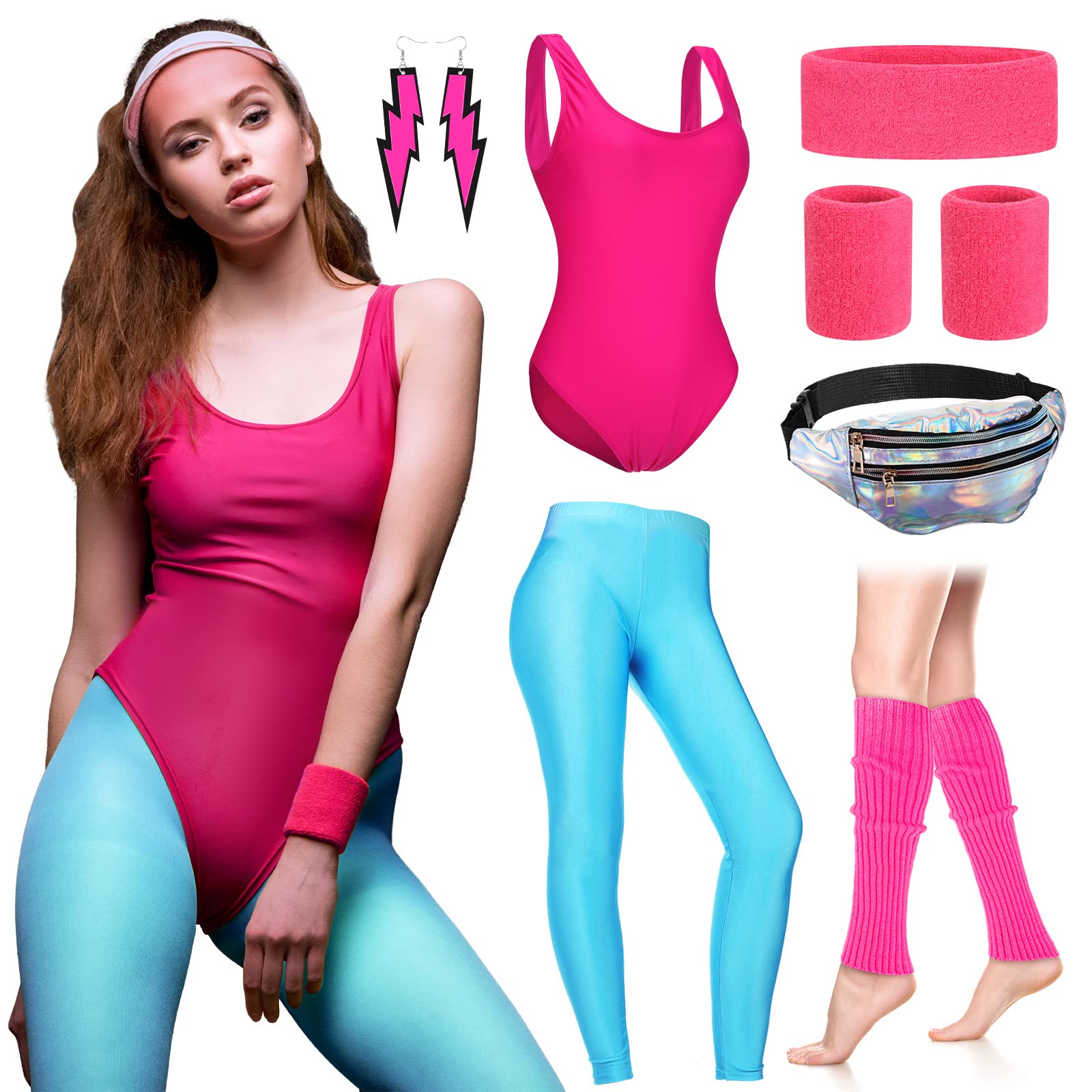 CharniolWomen 80s Costume Outfit Accessories Set Leotard Legging Neon Headband Wristbands Leg Warmers Earrings Holographic Fanny Pack