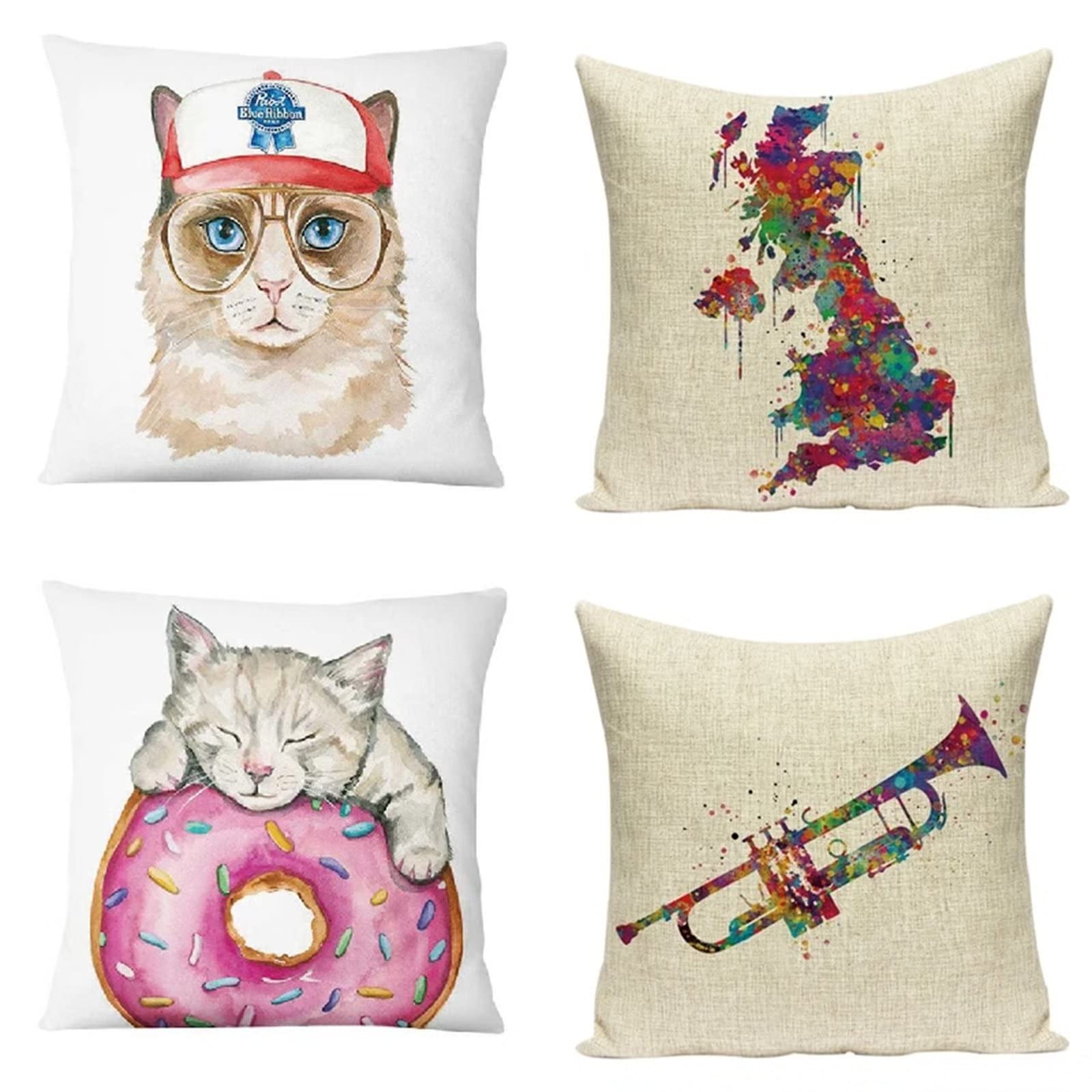 Cojines 50x50cm Gato Instrumento Musical Cojines Decorativos para Sofa Moderna Decorativa Cojín Juego de 4 para Decoración Hogar Linen Almohadas cuadradas Funda de Cojín D-4291