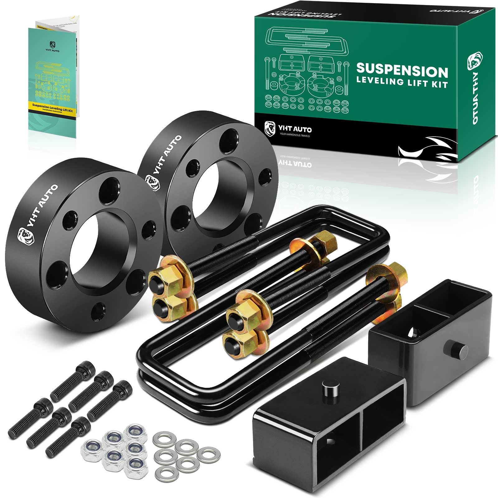 YHTAUTO 3 inch Front and 2 inch Rear Leveling Lift Kit Compatible with 2005-2023 Nissan Frontier, 2WD/4WD, Lift Blocks w/Spacers & Extended Square U-Bolts Suspension Level Kit w/Hardware Kit Set of 8