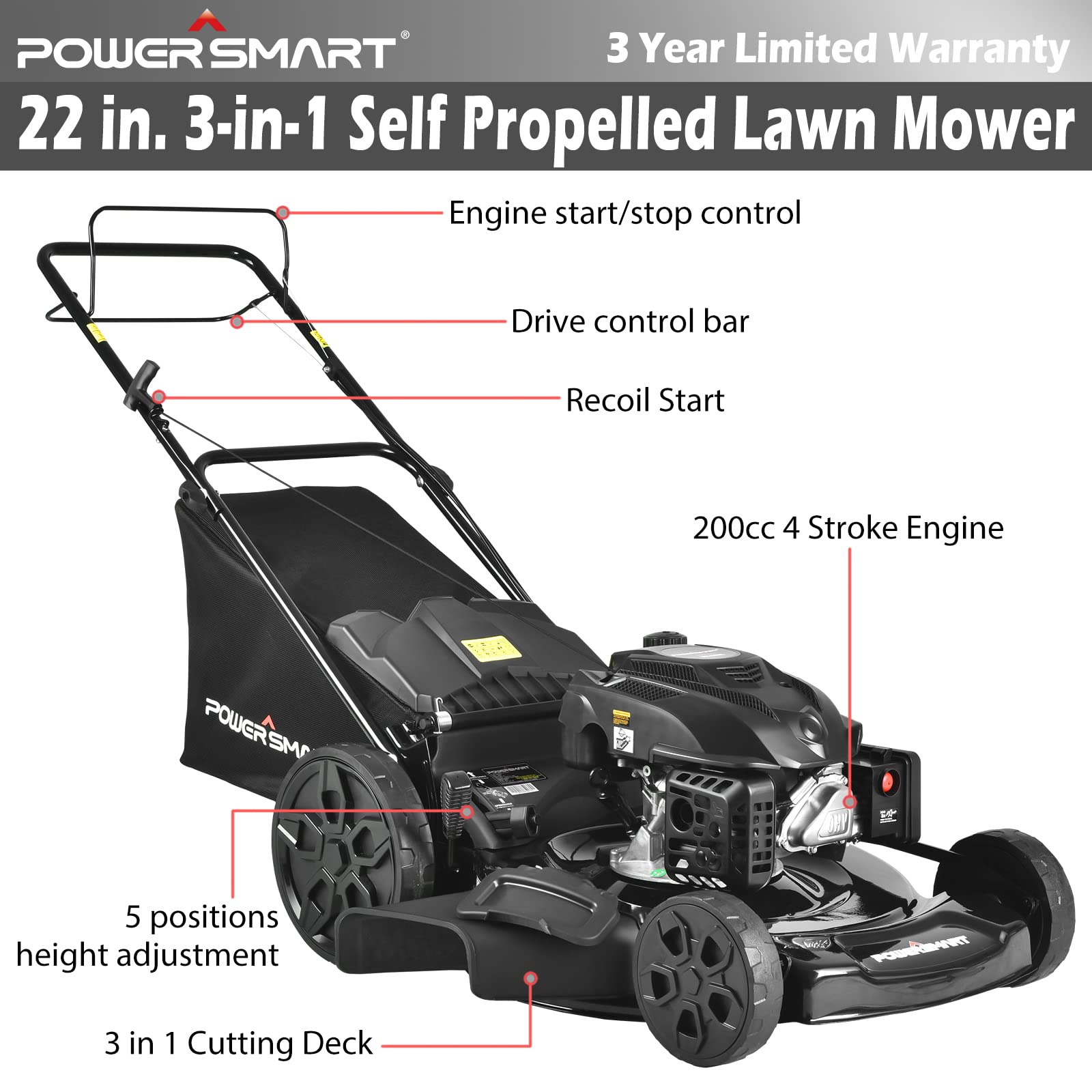 Buy PowerSmart Self Propelled Gas Lawn Mower, 22Inch 200cc Self