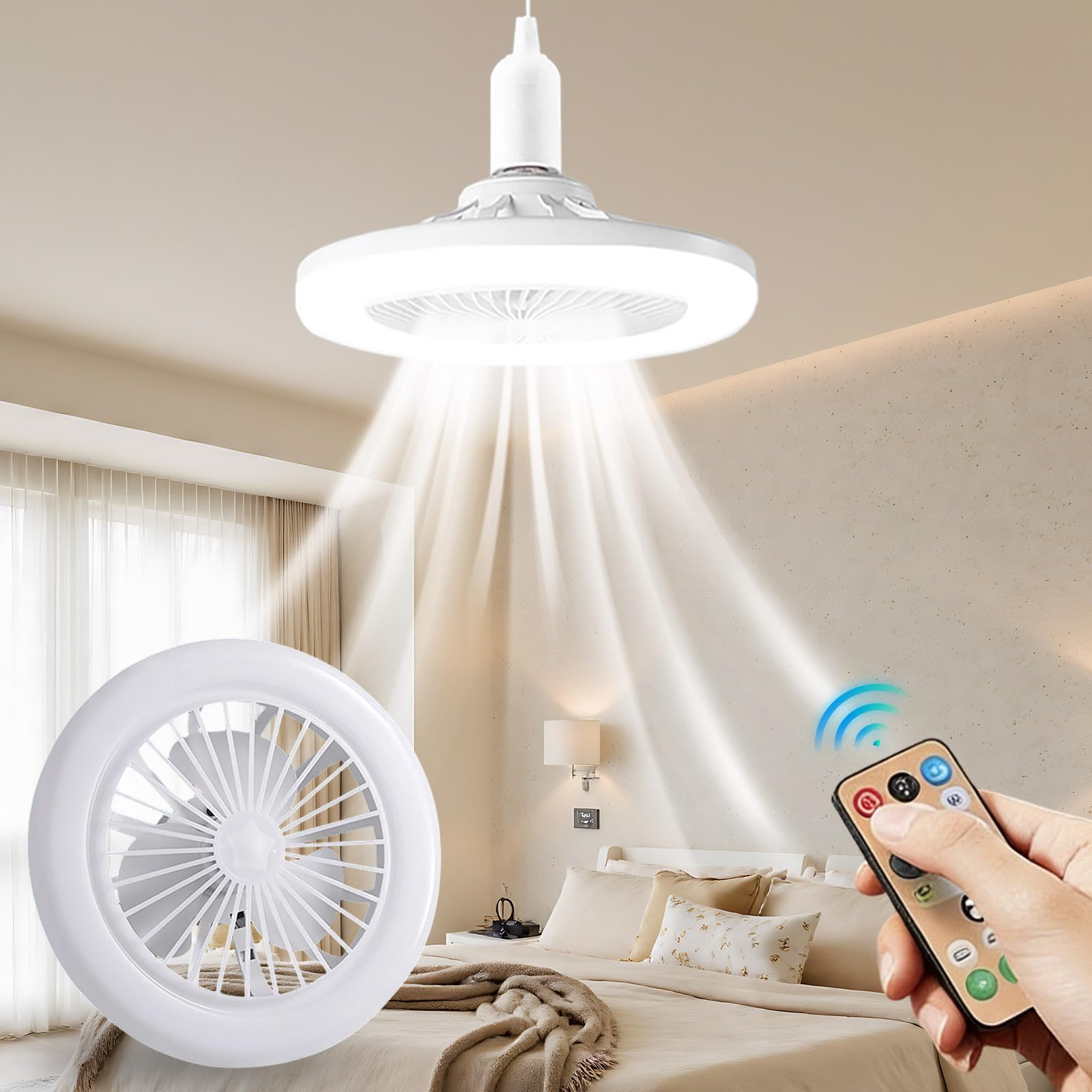 Socket Fan Light, Screw in Ceiling Fan Light Socket with Remote, LED Bulb Fan with 3 Speeds Timer, Quiet Light Socket Ceiling Fan for Kitchen Bathroom Garage Storage (23cm)