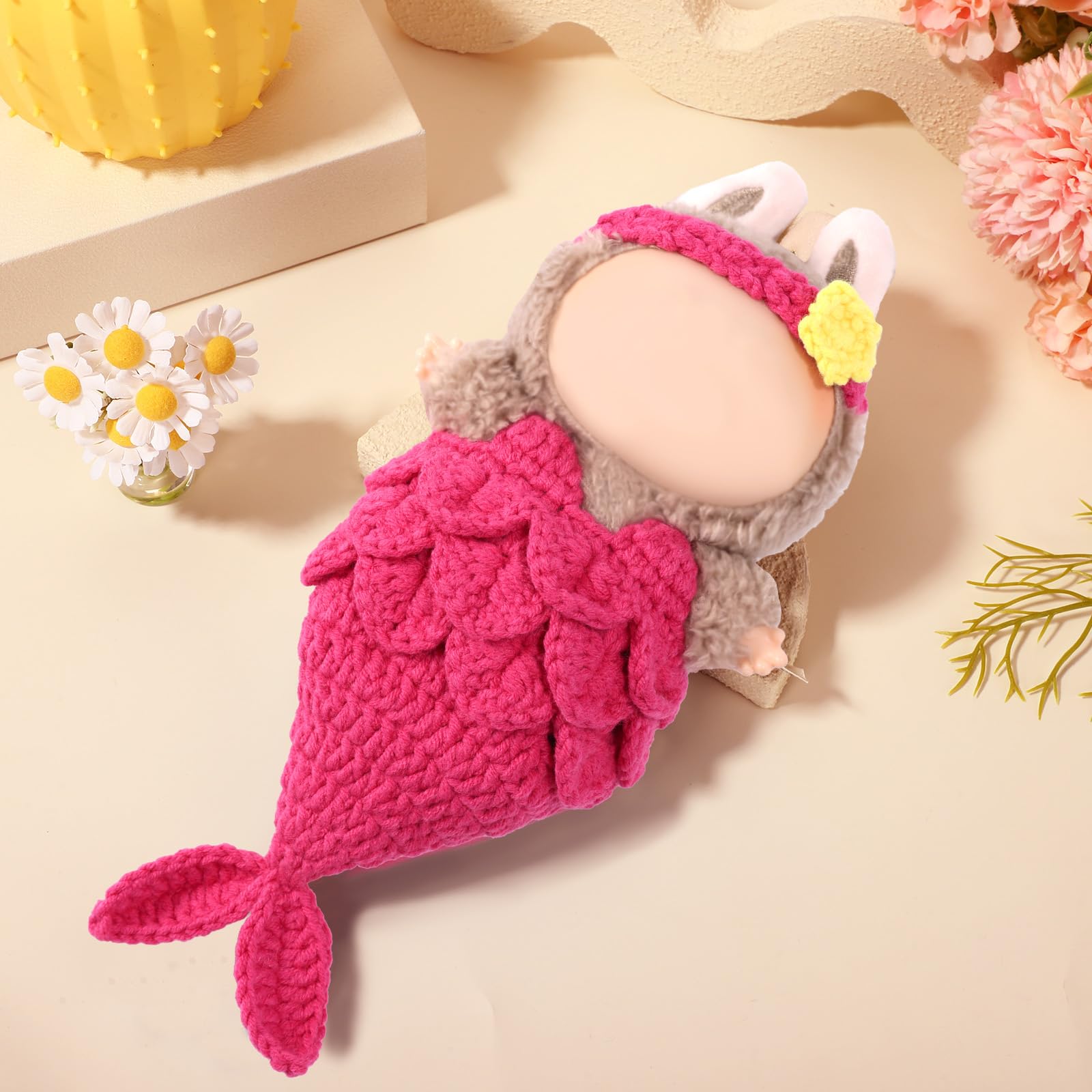 Lyreh Clothes Set for Doll Wool Mermaid Outfit Clothing with Hairband Cute Kawaii Fashion Costume Accessories for Dolls (Rose Red) - Image 3