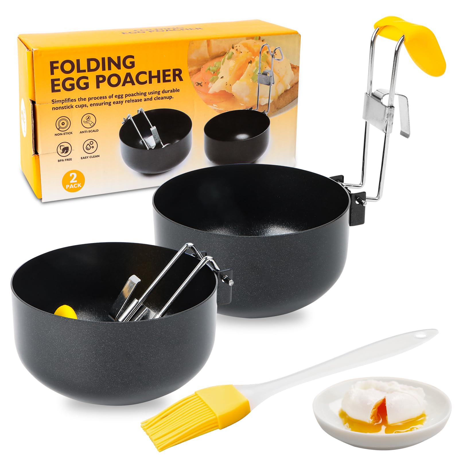 2pcs Egg Poacher Pan, Folding Poached Egg Maker Egg Cooker with Brush, Non-Stick Poached Egg Maker, Egg Ring Collapsible Hang Egg Boiler, Non-stick Egg Poacher for Perfect Boiled Eggs for Kitchen Tool