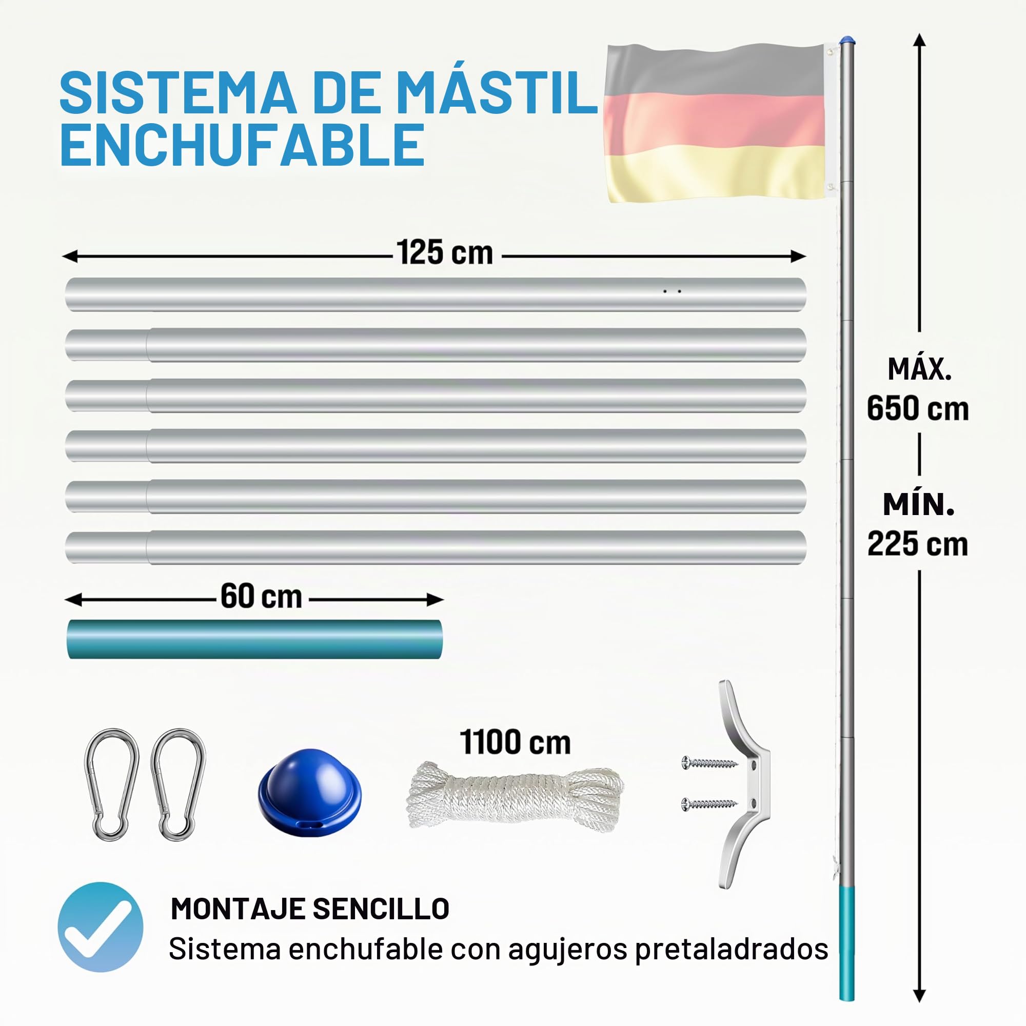 MONZANA® Asta para Bandera 6,5m Aluminio Cuerda para Izar Altura Regulable Telescopica Bandera España Española