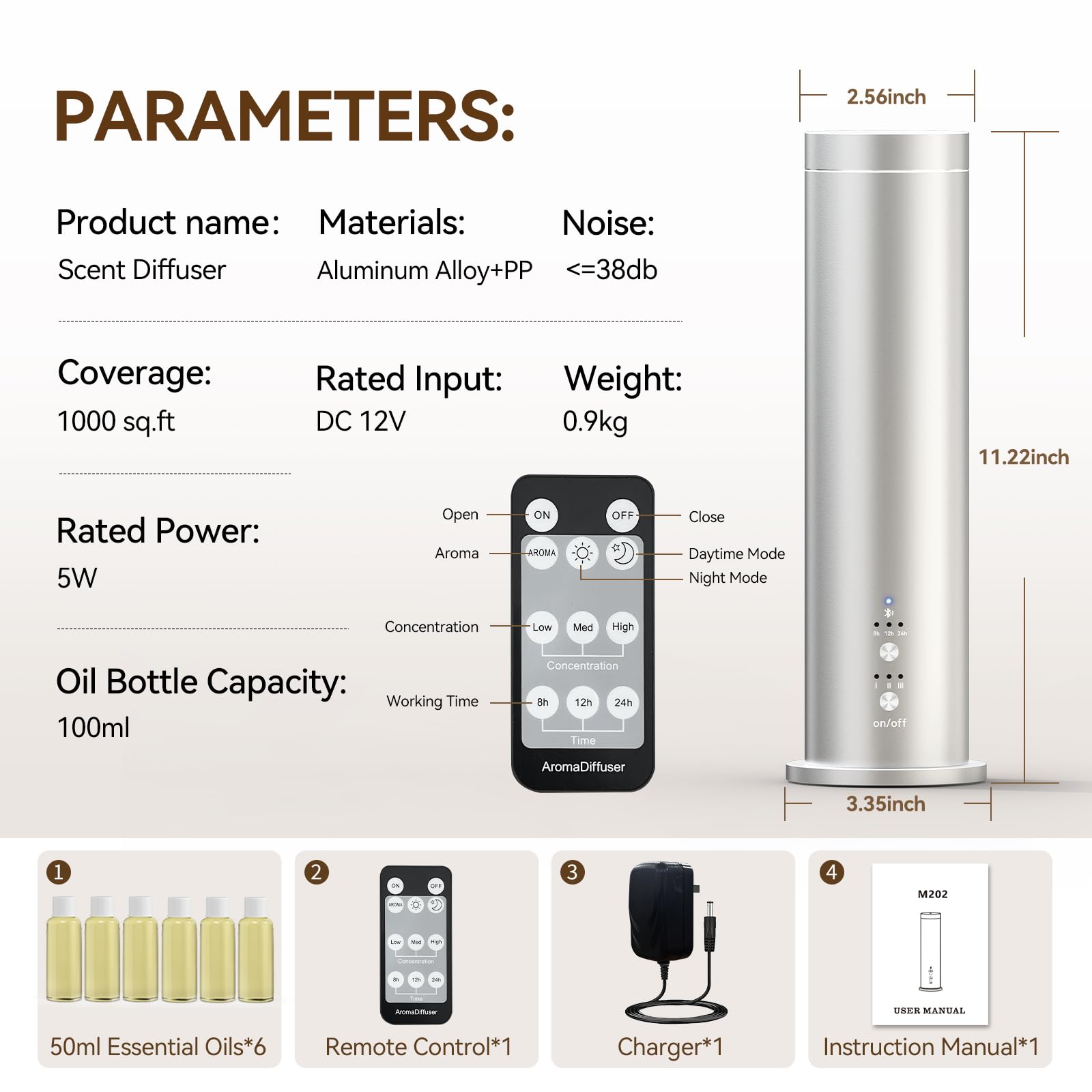 Wasserloser Diffusor für ätherisches Öl mit Bluetooth – 100 ml Kaltluft-Duftdiffusor, 6 Aromatherapie-Öle & Fernbedienung – Tragbarer Aromatherapie-Diffusor für Zuhause, Büro & Spa – Silber