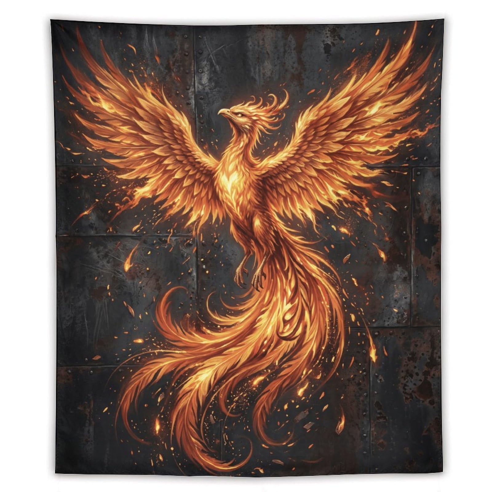 H3B8U2Y5 Black Fire Phoenix Wall Tapestry, Surrealist, Firebird Wings