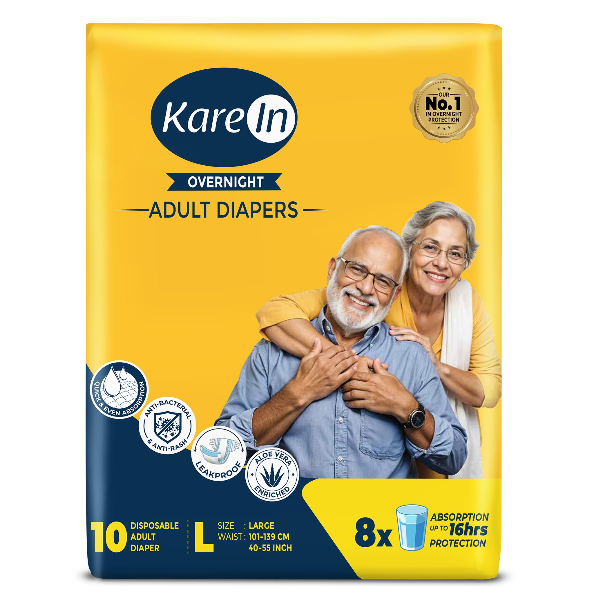 KareIn Overnight Adult Diapers, Large, Waist Size 101-139 Cm (40"-55"), Tape Style, High Absorbency, Odour Free,With Aloe Vera Lotion, Anti-Bacterial, Adl, Leak Proof, Pack Of 1, 10 Count - Unisex