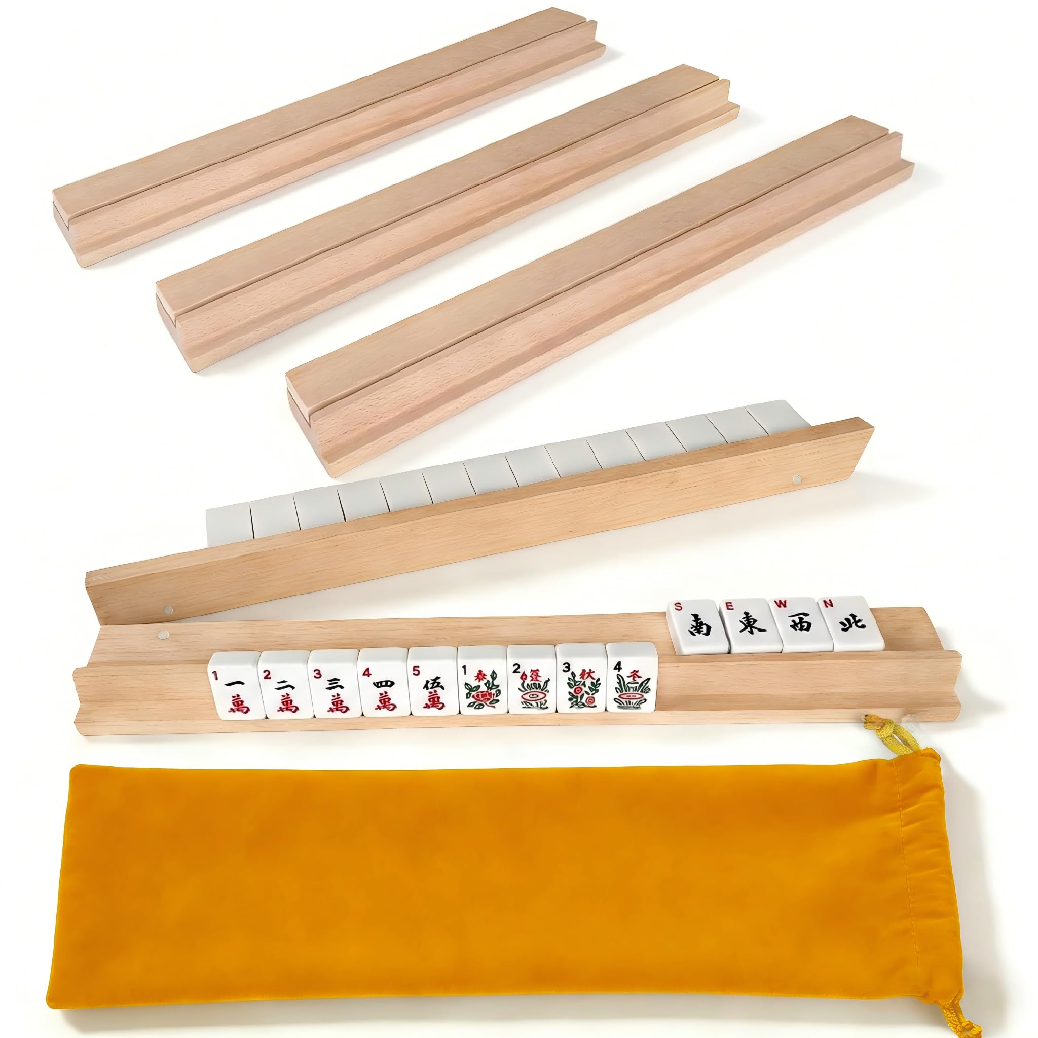 Photo 1 of Beech Wood Mahjong Racks with Pushers, Premium Hardwood Tile Holders in Natural Finish, 17.3 Inch Durable Trays Set of 4 for American Mahjong & Dominoes, Smooth Surface Game Accessories(Natural)