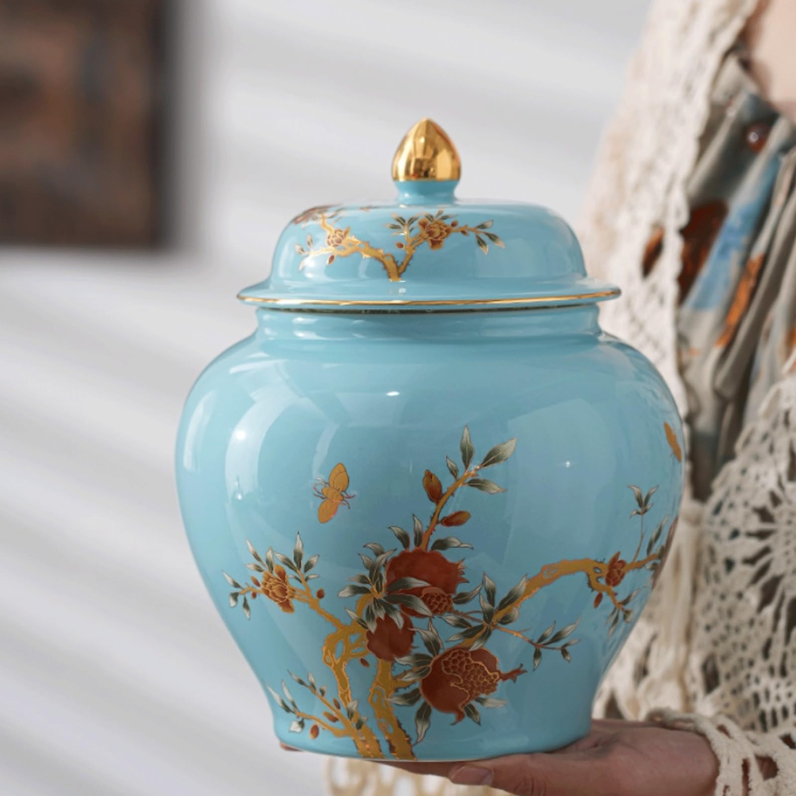 EYPKPL Glasierte Keramik-Ingwerdose mit Deckel, Chinoiserie-Porzellan, Pfirsich-Druck, Vorratsdose, Blumenvase, dekorative Teedose, Klassische Tempeldose(Bleu,M)