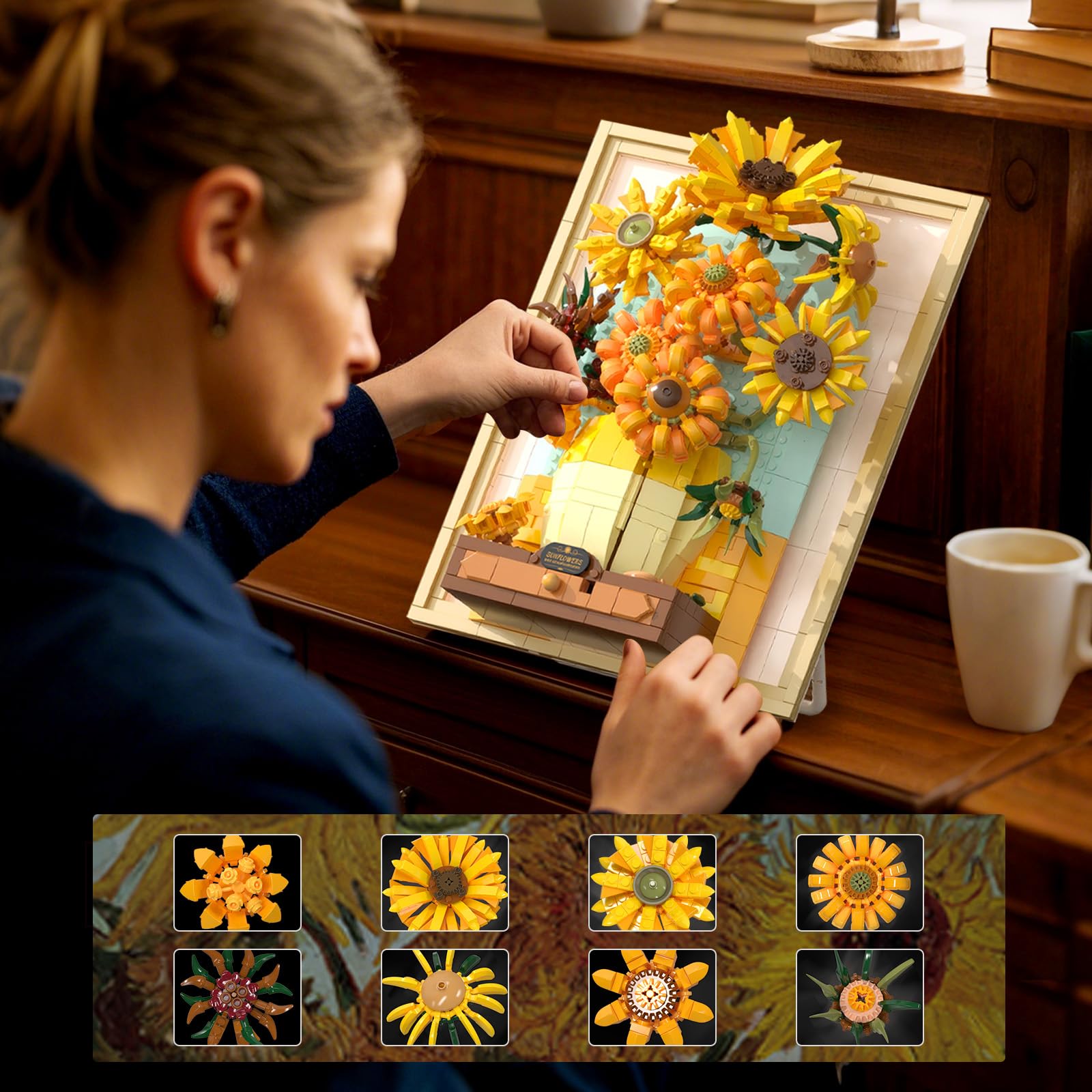 Conjuntos de bloques de construcción Brihappen, juguetes de construcción de pintura de girasoles de Van Gogh con luz sensora, 1166 piezas de arte mural 3D enmarcado para adultos, kit de modelo DIY