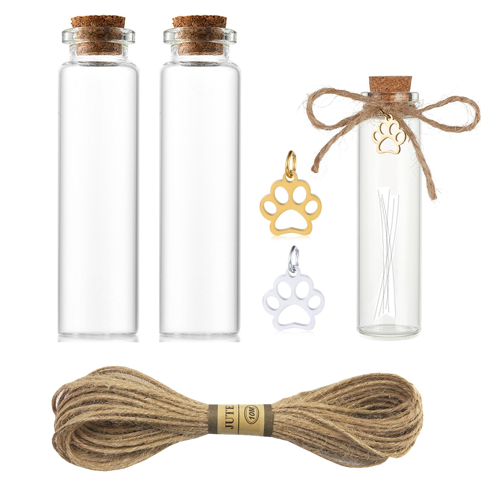 NICENEEDED 2 PCS Pet Hair Memorial Bottles with Pawprint Charm, Dog Cat Ashes Fur Hair Locket Keepsake Bottles, Small Glass Vial with Cork for Preserve Mammals Precious Memories