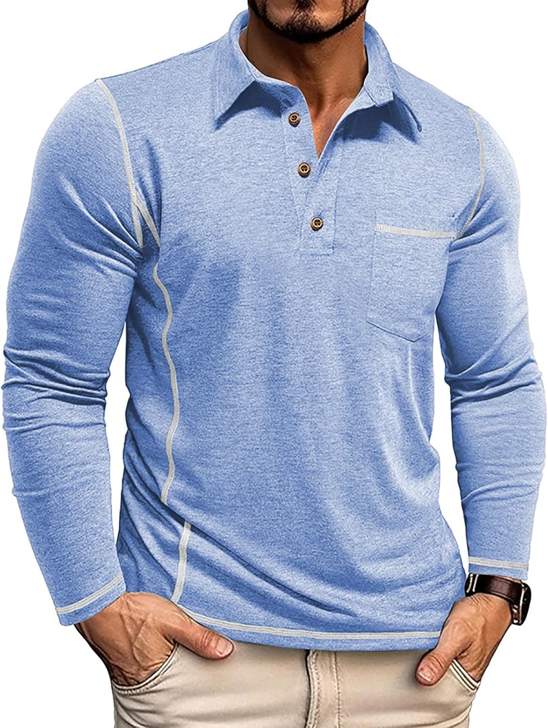 Mens Fashion Polo Shirts Classic Long Sleeve Basic Button Tees Stylish Tops Golf Shirts with Pocket
