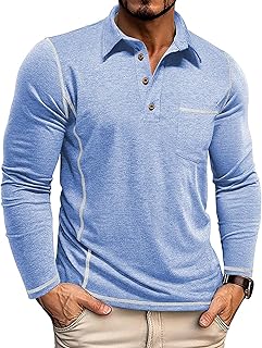 Mens Fashion Polo Shirts Classic Long Sleeve Basic Button Tees Stylish Tops Golf Shirts with Pocket