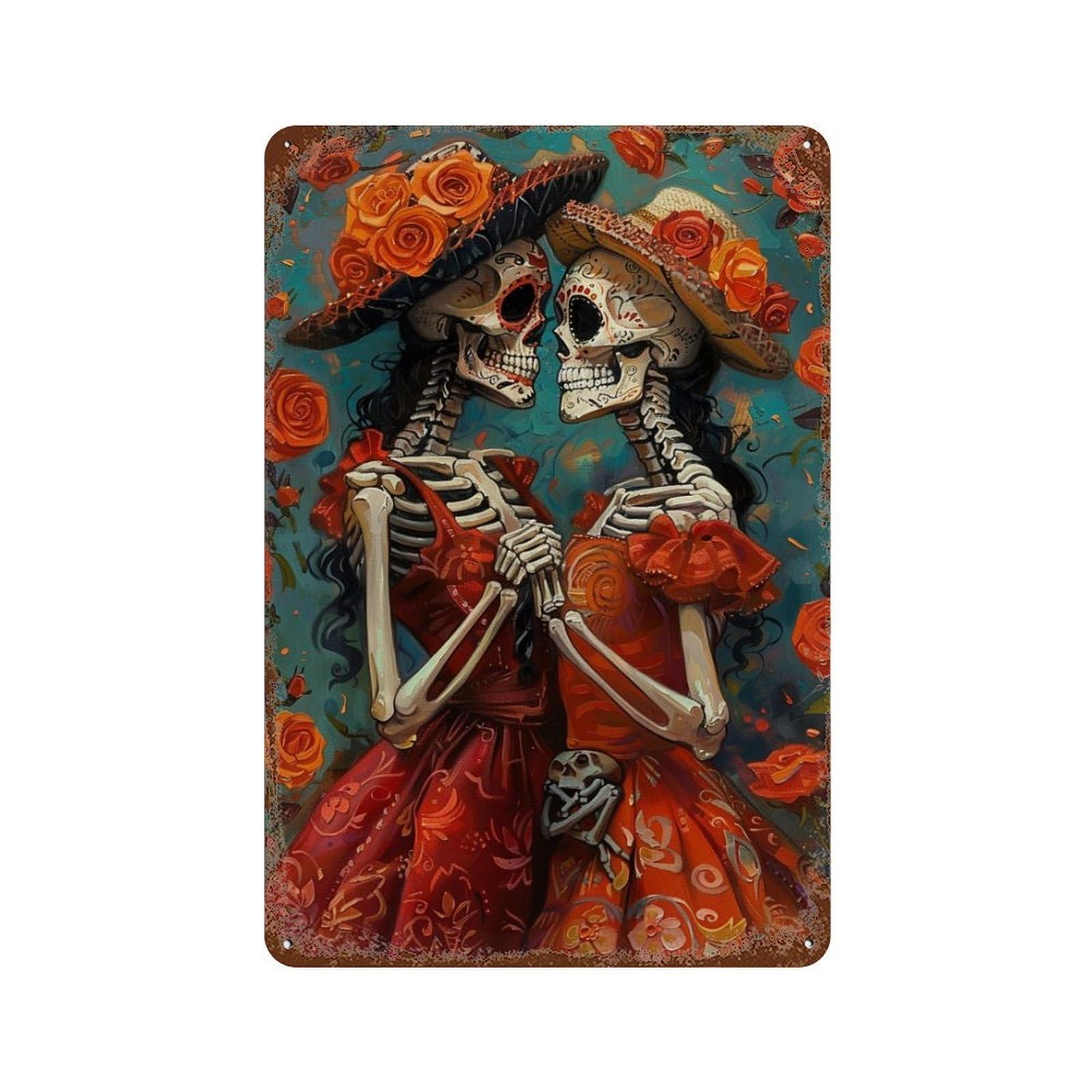 Day of The Dead Skeleton Couple-2 11.8"x7.9" Vintage Rust Metal Sign, Classic Wall Plaque for Pub, Kitchen And Man Cave Decor