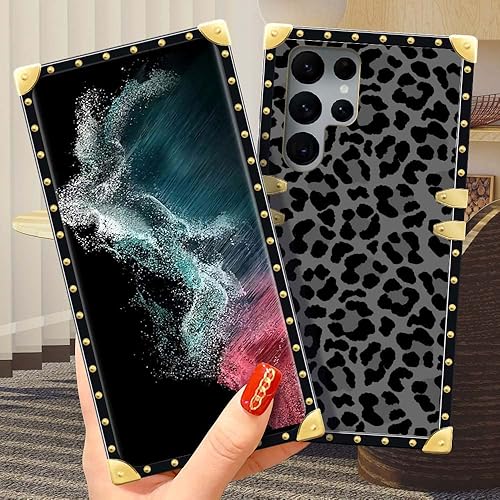 Miniatura 4 de DAIZAG Compatible con Samsung Galaxy S22 Ultra, B Funda de leopardo negro de lujo elegante para mujeres y niñas, decoración de metal, esquina