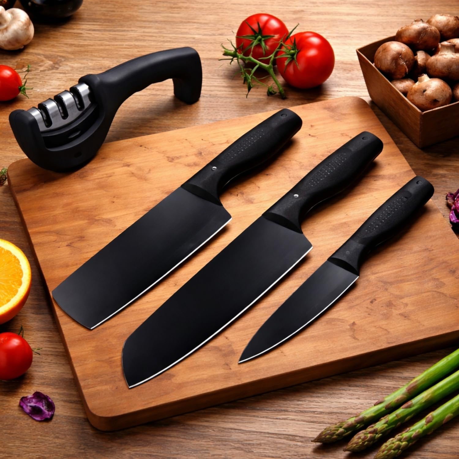 Kitchen Knife Set 3-Piece with Knife Sharpener Tool, Stainless Steel Chef Knives, Sharp Cutting Knives for Kitchen, Vegetable, Fruit & Meat Cutting (3 Knife Set + Knife sharpner)-image-0