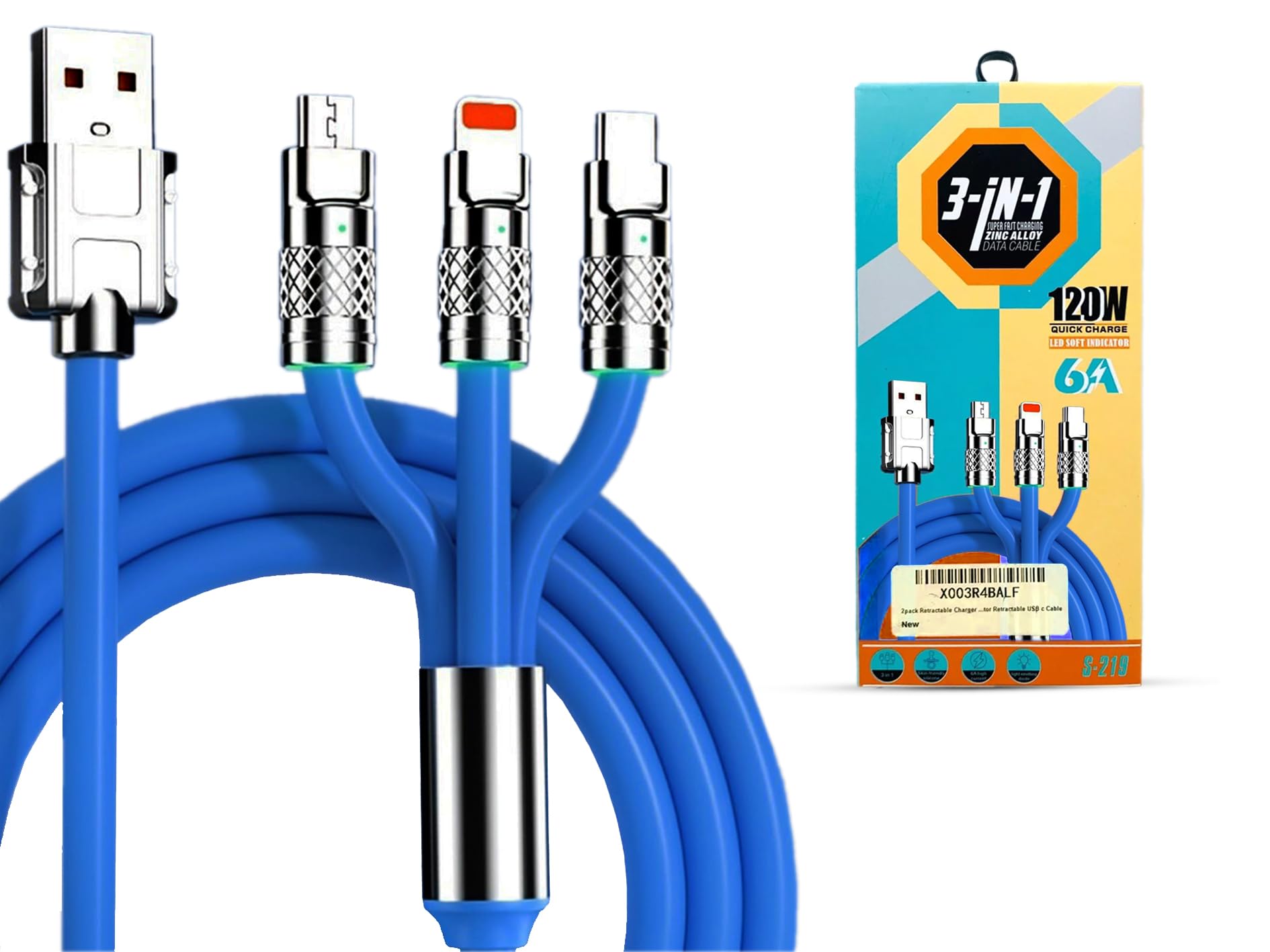 LitVibes 3 in 1 Fast Charging Cable,Portable 120W Charger Cord/Wire Compatible with iOS,Type-C,Micro Phones,Car/Travel 6A Retractable Zinc Alloy Charging Data Cable,Light Emitting Diode - Blue